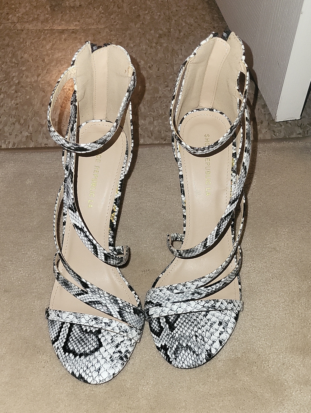 Express Black and White Snake-Print Strappy High Heel Sandals